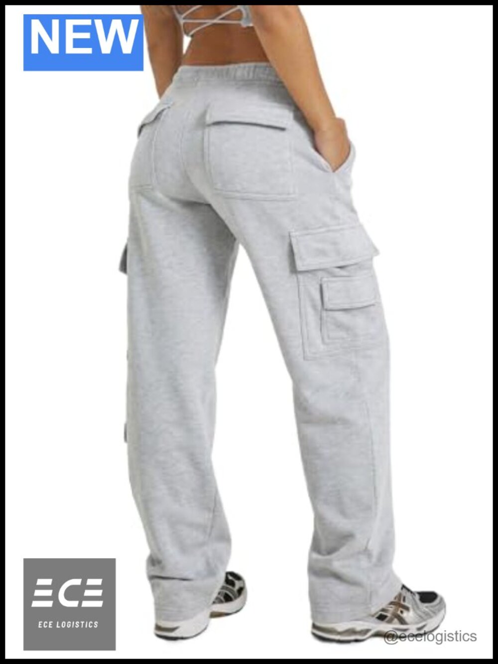 Wide Leg Fleece Cargo Sweatpants Cotton Blend Elastic Waist 8 Pockets
